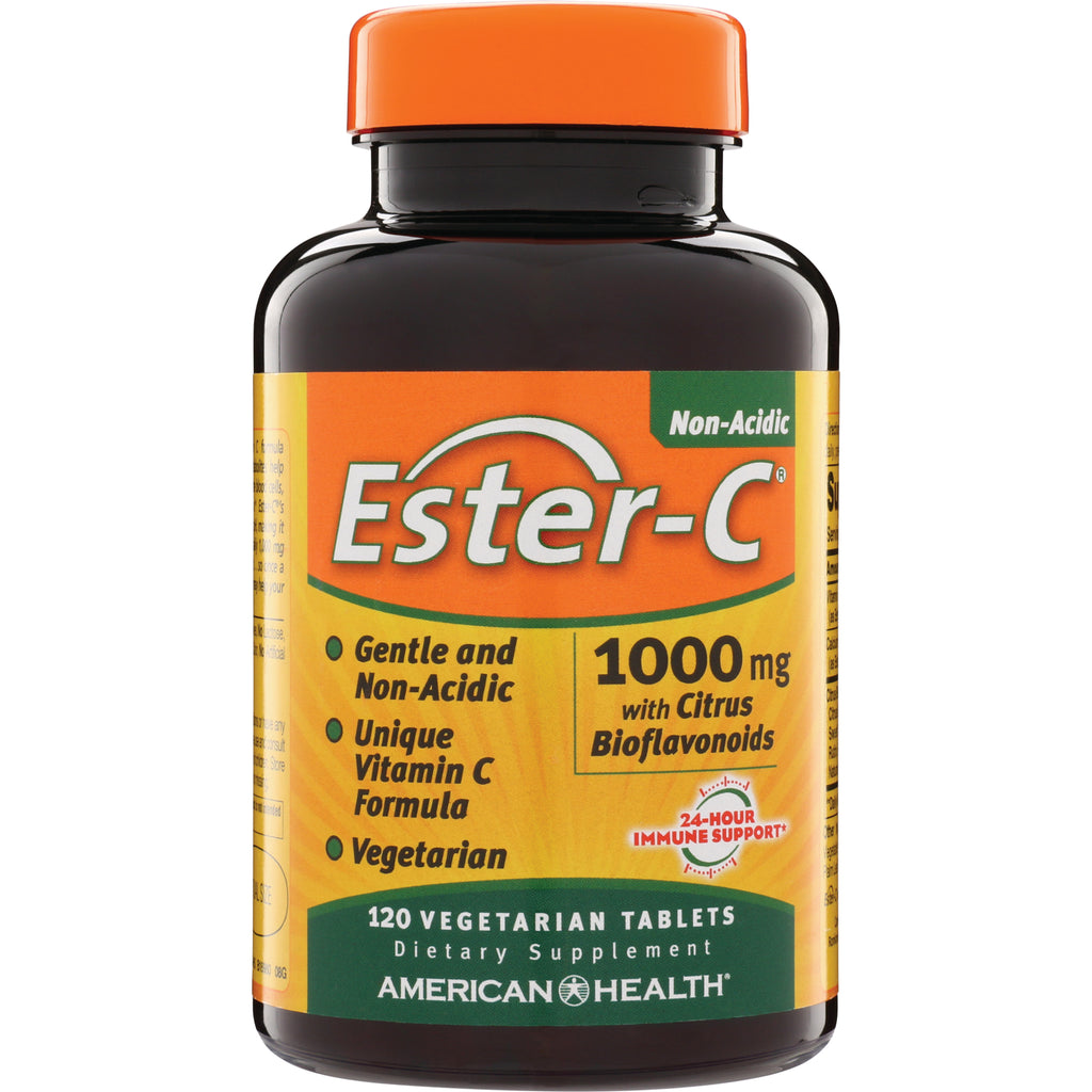 AM123 | Bottle of Ester-C 1000 mg vegetarian tablets with orange and yellow label, American Health branding - Thumbnail