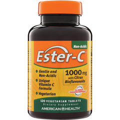 AM123 | Bottle of Ester-C 1000 mg vegetarian tablets with orange and yellow label, American Health branding