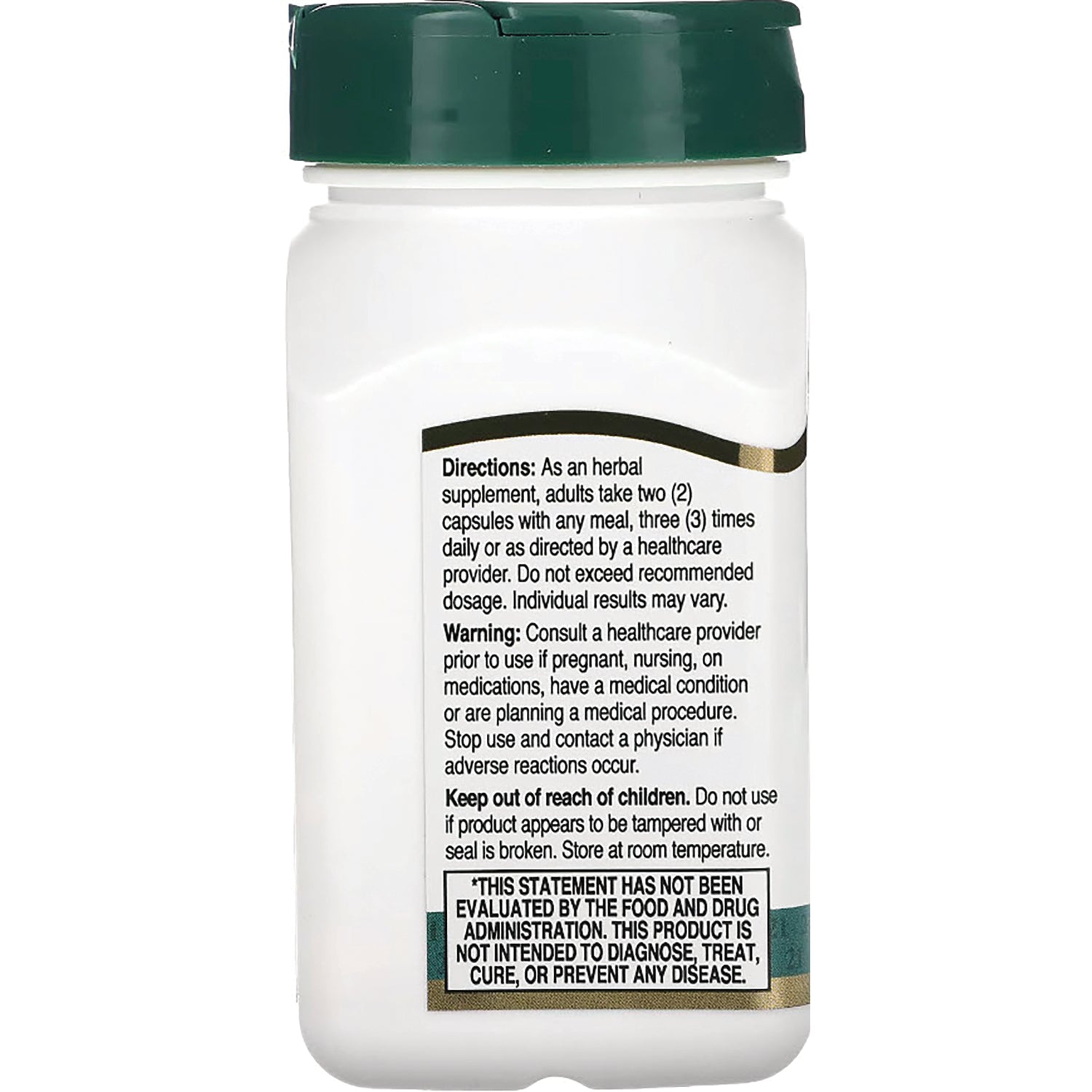 CNT043 | Back of white supplement bottle with green cap showing directions, warnings, and FDA disclaimer label