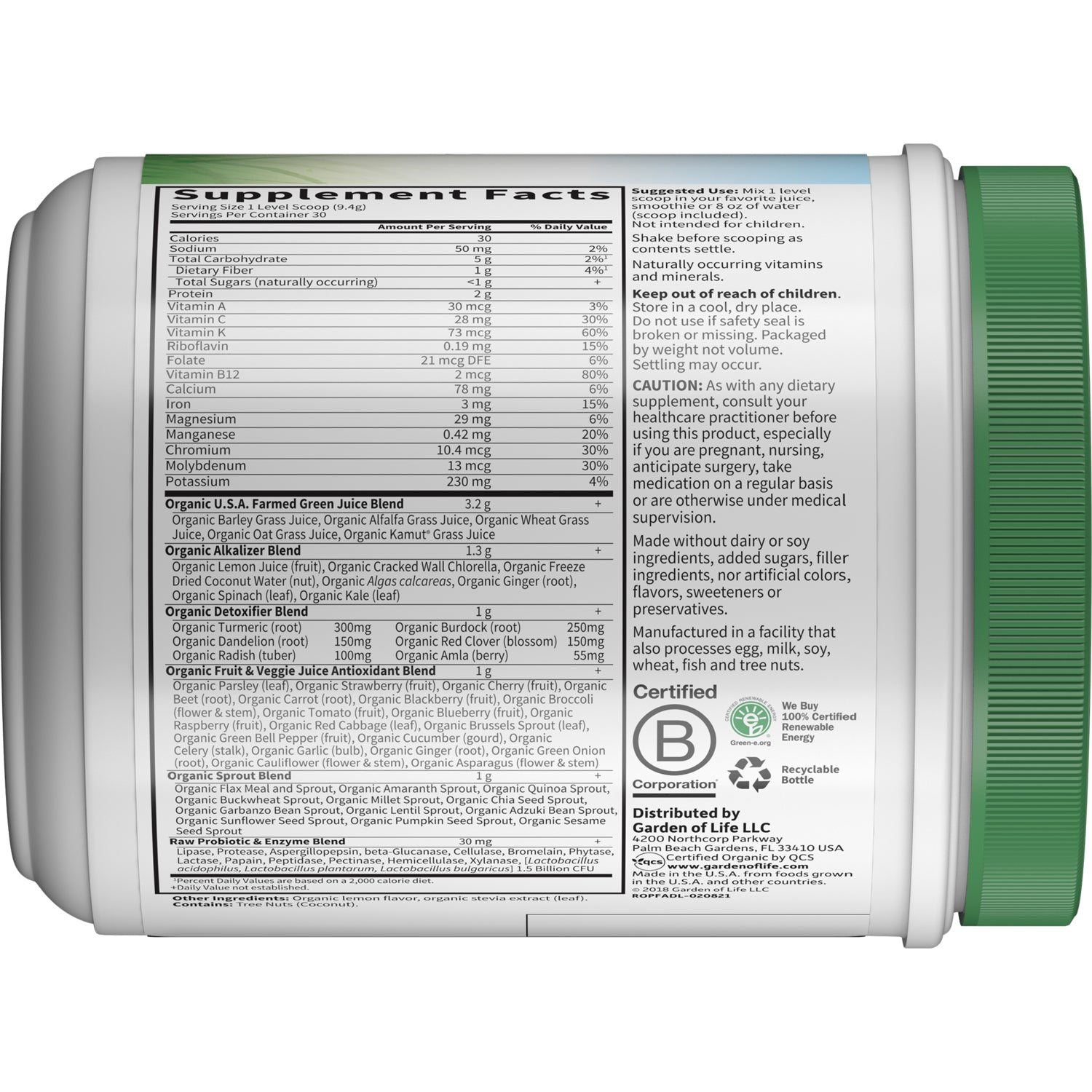 GLF169 | Supplement Facts panel and ingredient, usage, and caution text on back of white supplement bottle with green cap
