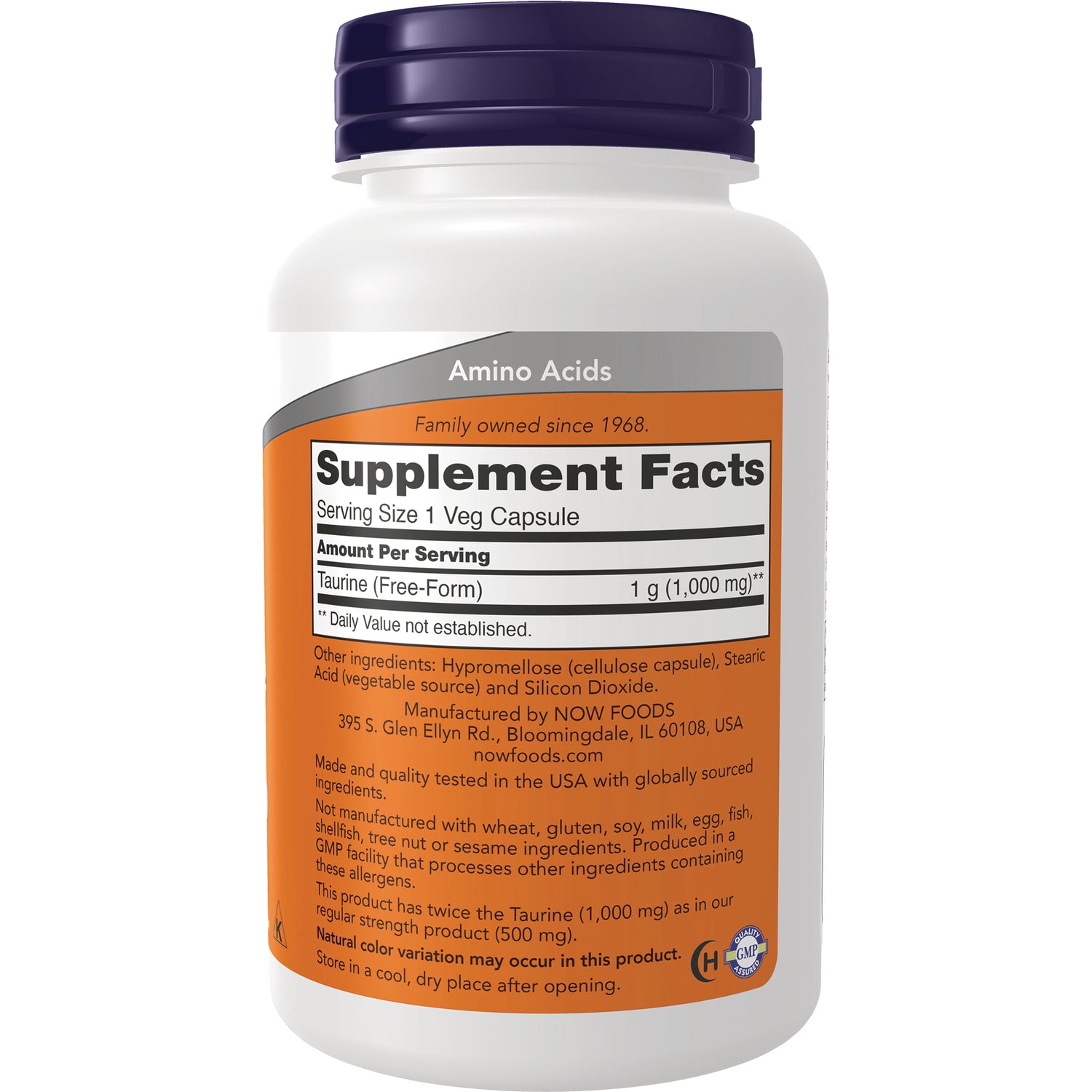 NWF179 | Back label showing Supplement Facts: Taurine 1 g (1,000 mg) per veg capsule and ingredient list