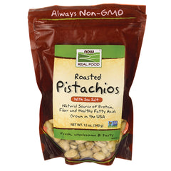 NWF1143 | NOW Real Food roasted pistachios with sea salt 12 oz front pouch showing nuts