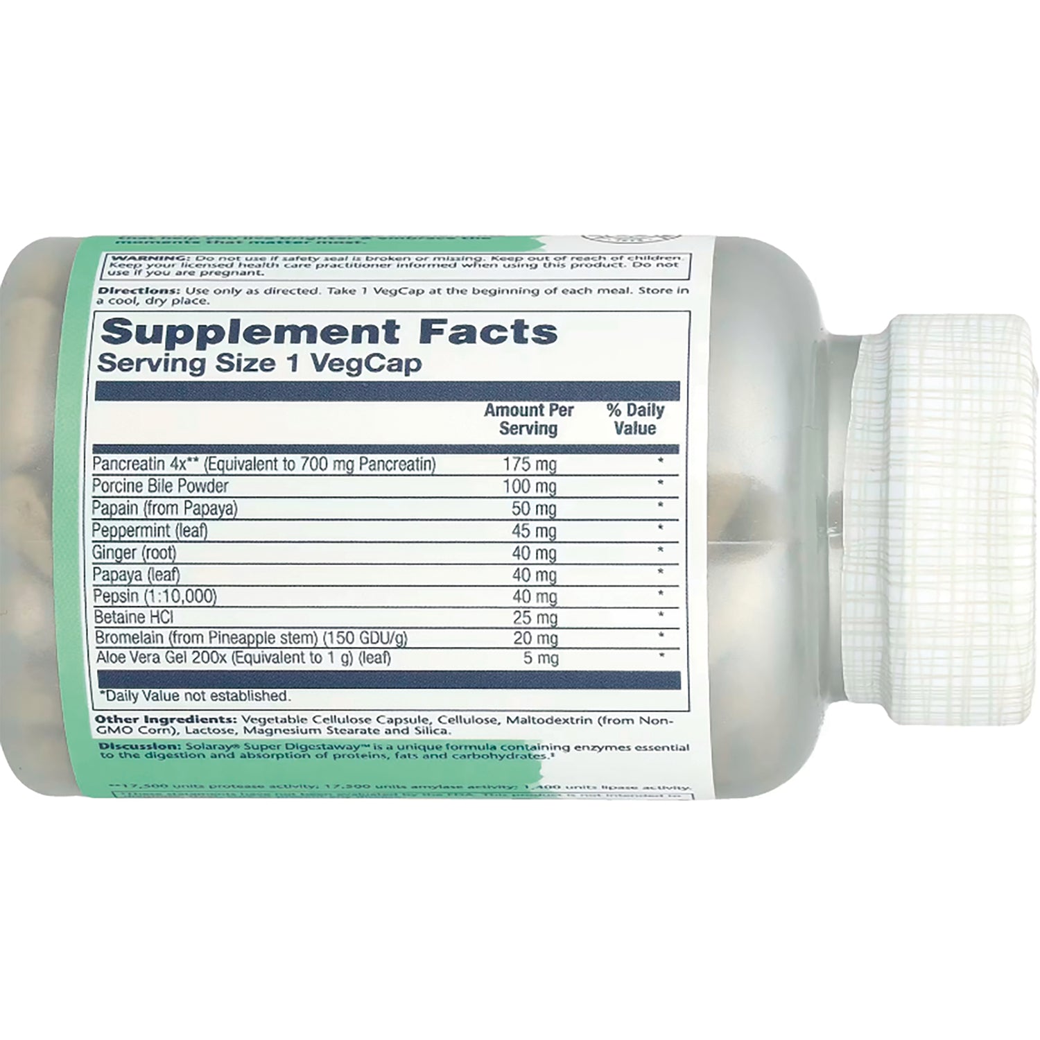 SLR212 | back label showing Supplement Facts panel with Serving Size 1 VegCap and ingredient amounts on a horizontal bottle