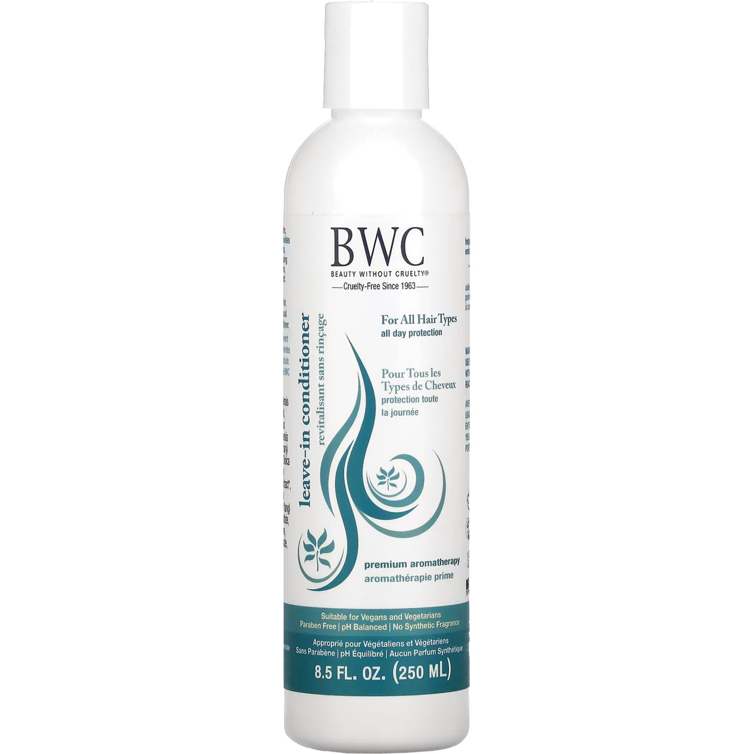 BWC087 | White bottle of BWC leave-in conditioner 8.5 FL. OZ. (250 ML) with teal swirl label