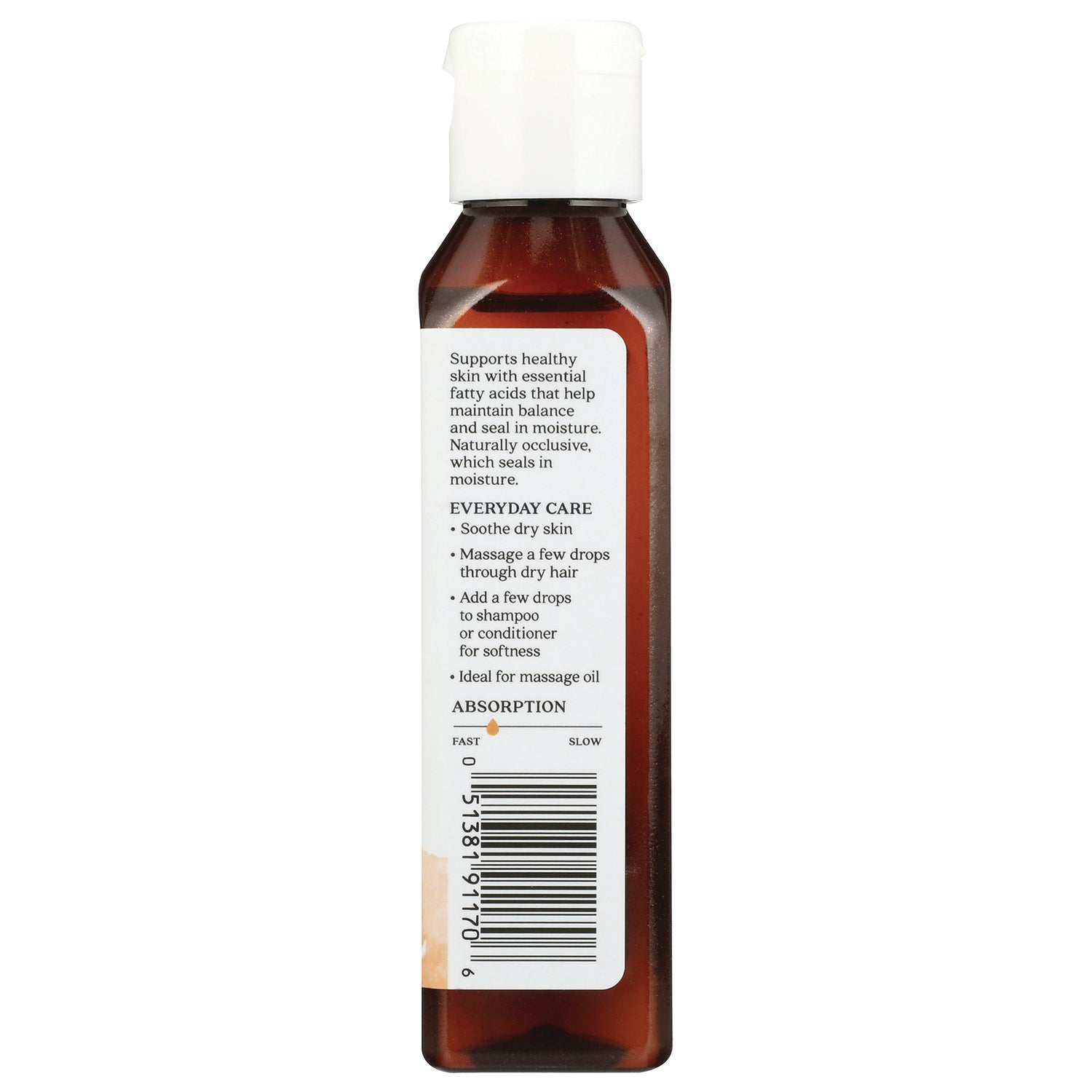 ARC061 | Back of brown bottle with white cap showing Everyday Care instructions, absorption chart and barcode