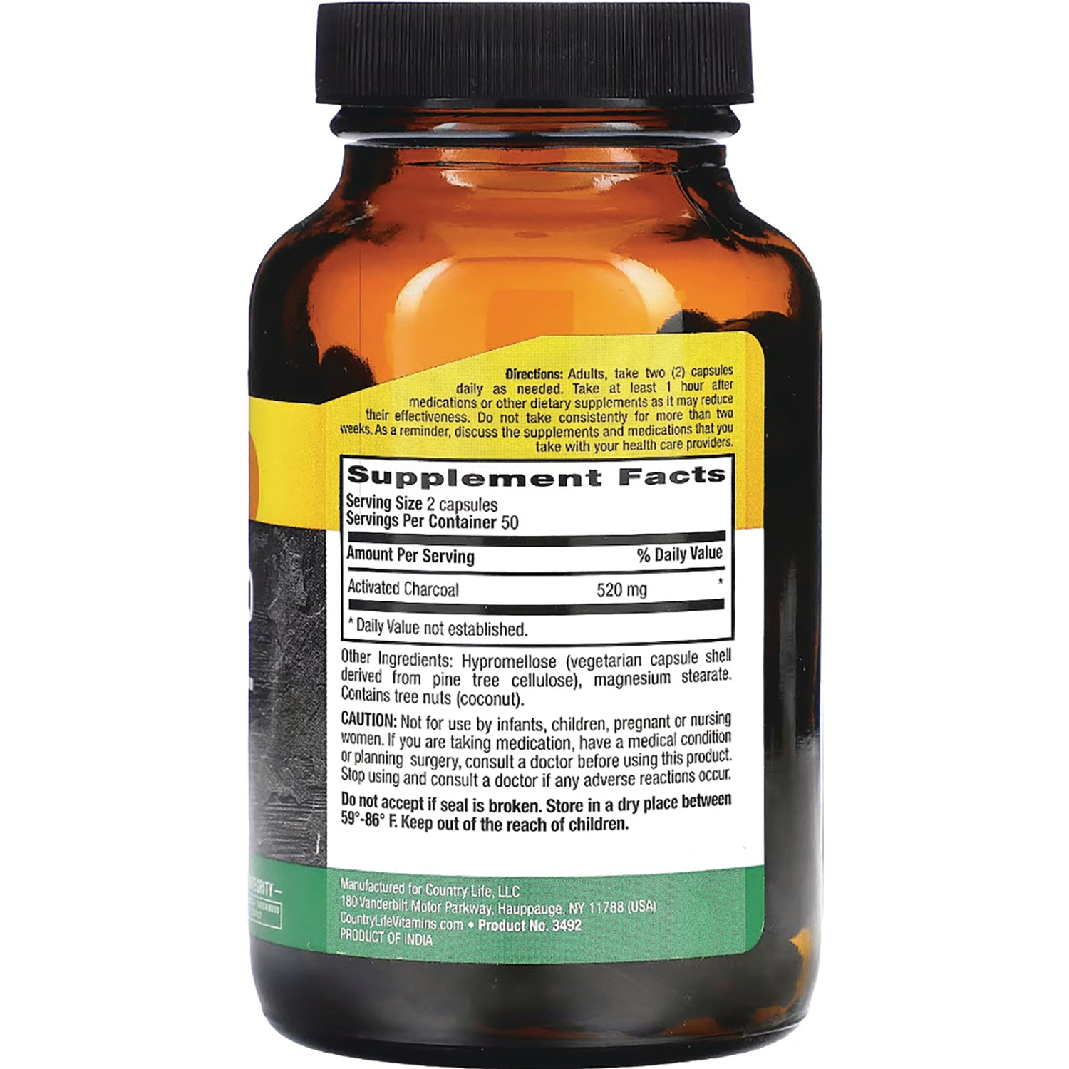 CRL424 | back of amber supplement bottle showing Supplement Facts label listing Activated Charcoal 520 mg per serving