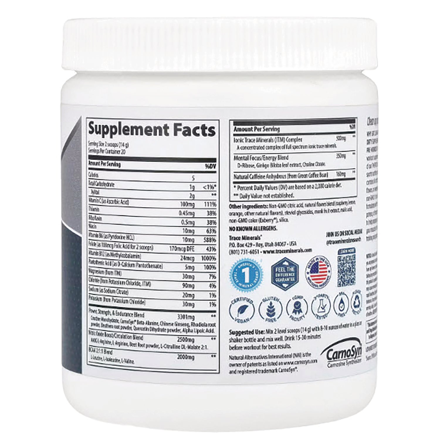 TM063 | Back of supplement jar showing Supplement Facts panel, ingredients, certifications, and suggested use