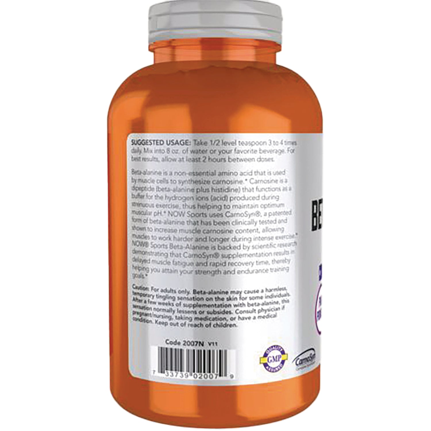 NWF217 | Back label of orange supplement bottle showing suggested usage, ingredients and barcode