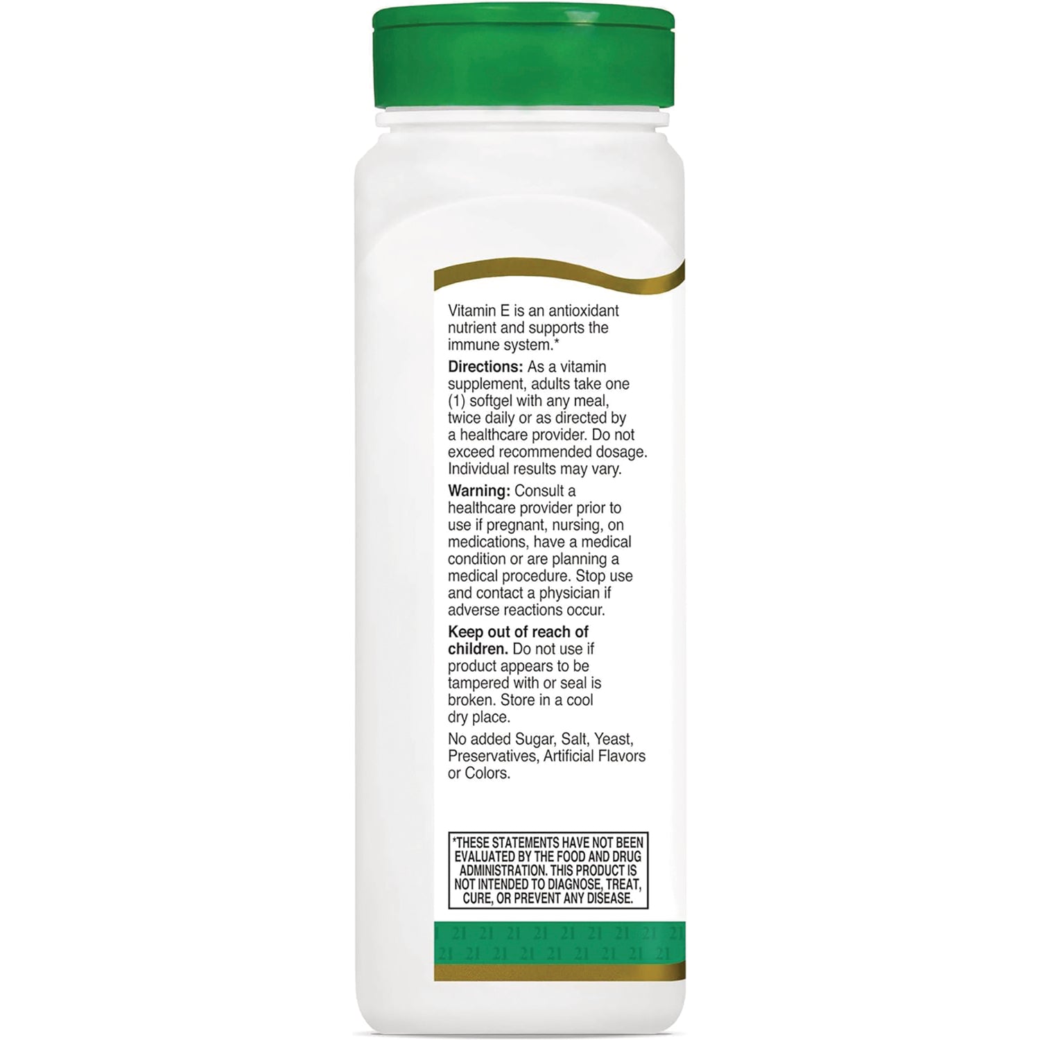CNT182 | back label showing Vitamin E directions, warnings and storage info on white bottle with green cap