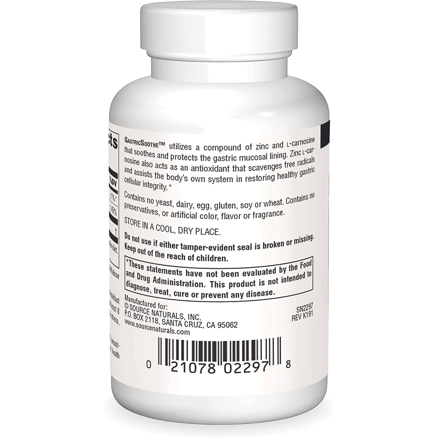 SN594 | Back label of GastricSoothe supplement bottle with warnings, storage info, and barcode