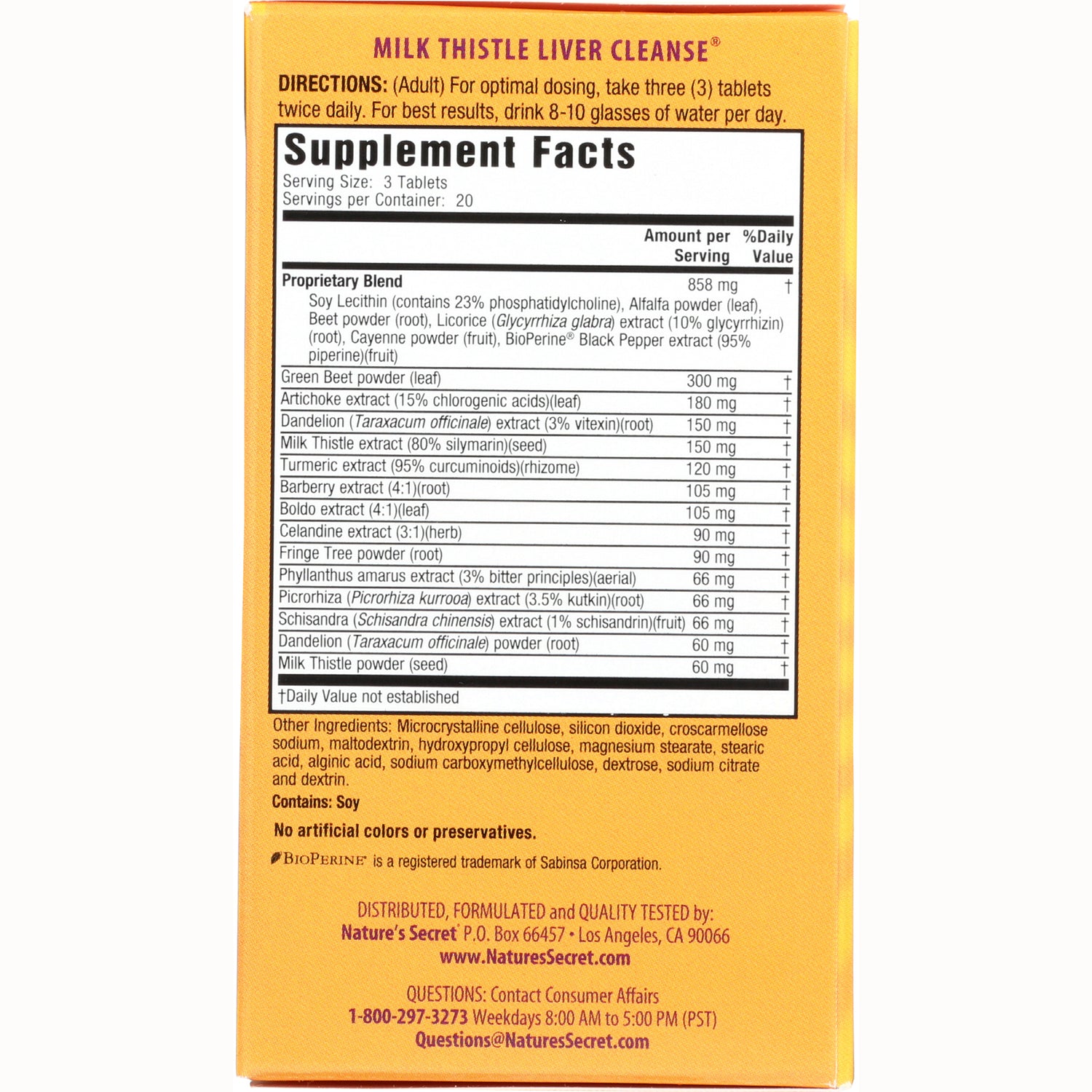 NTS28 | back of Milk Thistle Liver Cleanse box showing Supplement Facts panel, directions, ingredients and contact information