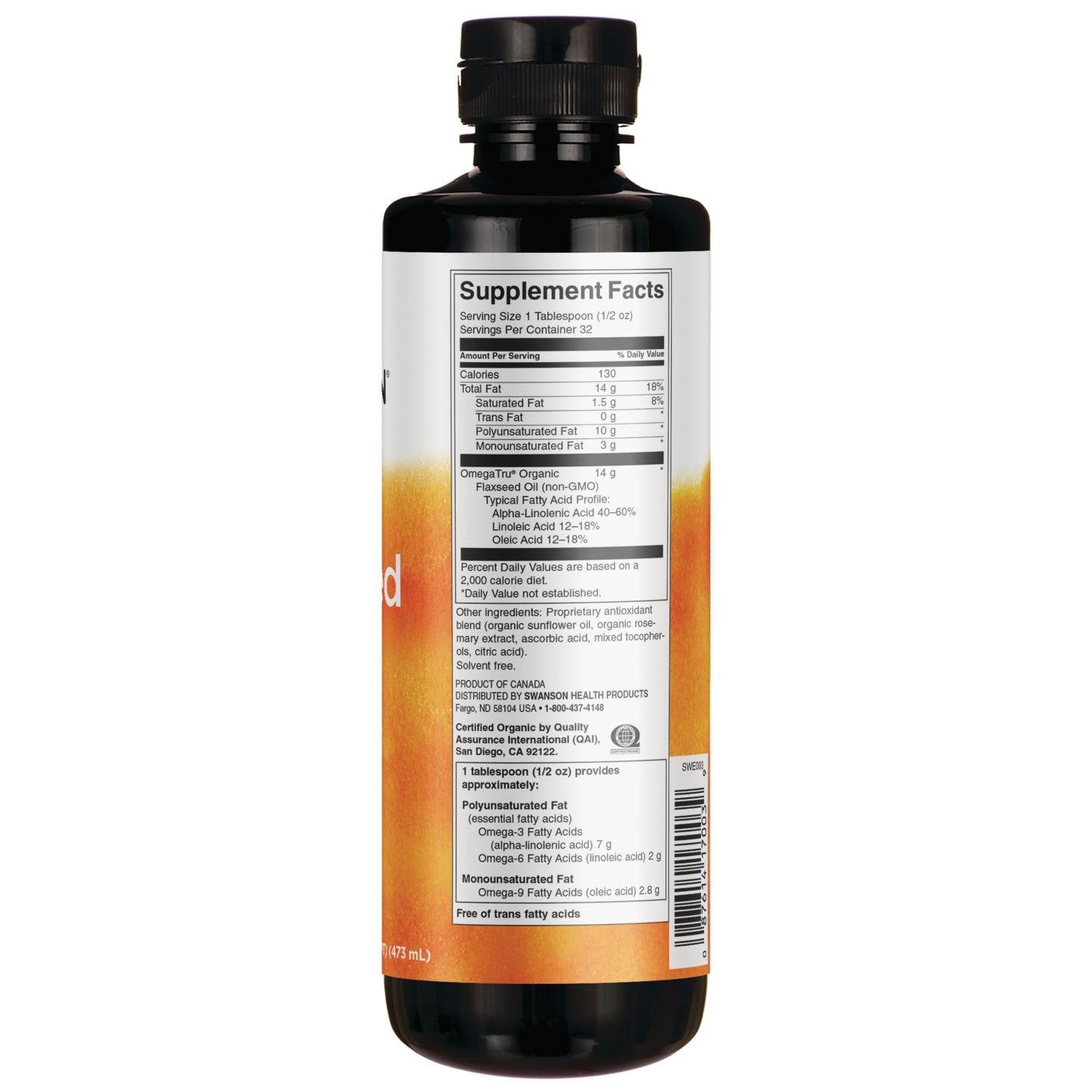 SWE003 | Supplement Facts and suggested use for OmegaTru Organic Flaxseed Oil, serving size 1 tbsp