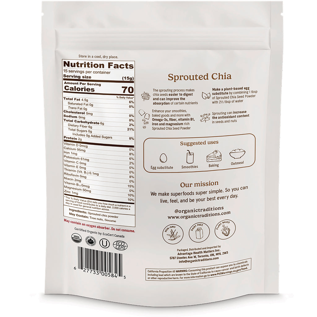 OTR073 | Back of Sprouted Chia pouch showing nutrition facts panel, suggested uses, and barcode - Thumbnail