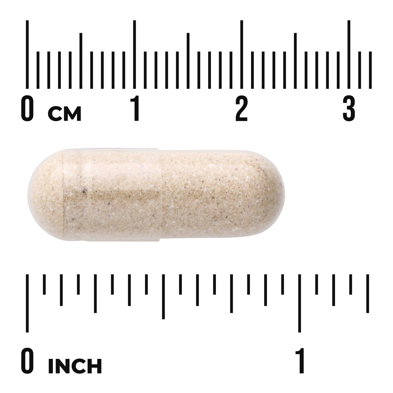 SW1577 | Beige supplement capsule beside rulers showing about 2 cm