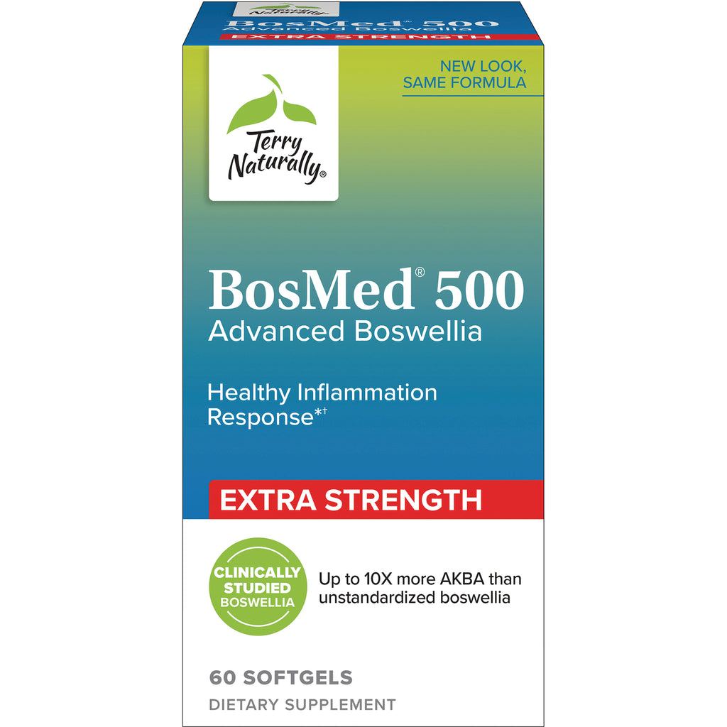 EUR031 | Terry Naturally BosMed 500 Advanced Boswellia extra strength 60 softgels front packaging with Clinically Studied Boswellia badge - Thumbnail