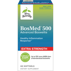 EUR031 | Terry Naturally BosMed 500 Advanced Boswellia extra strength 60 softgels front packaging with Clinically Studied Boswellia badge