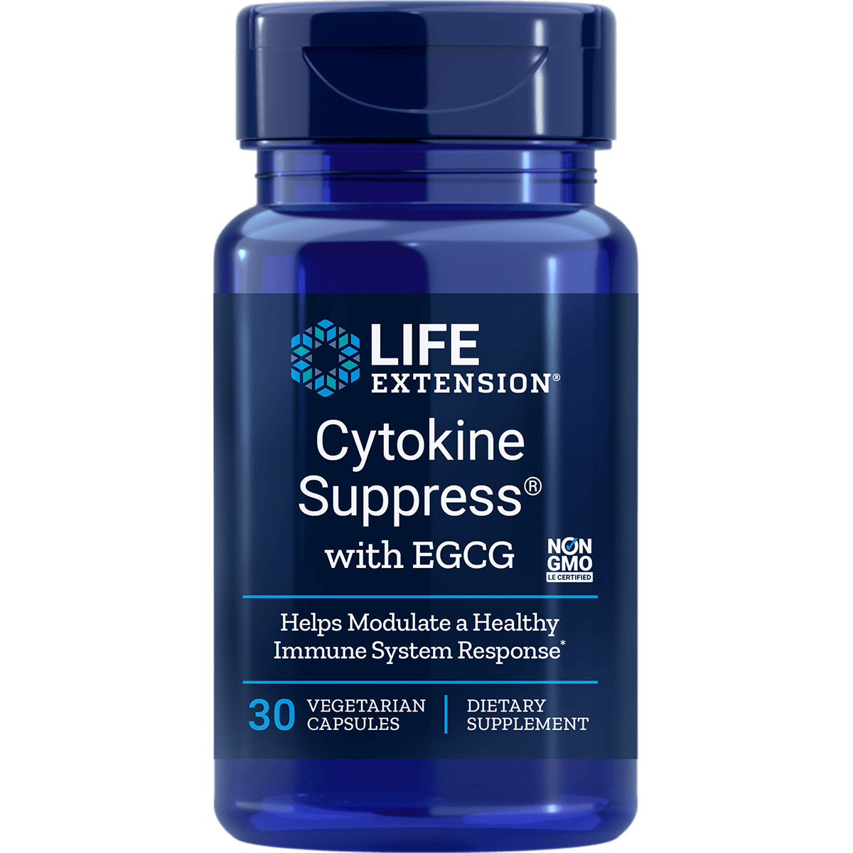 LE258 | Life Extension Cytokine Suppress with EGCG blue supplement bottle, 30 vegetarian capsules