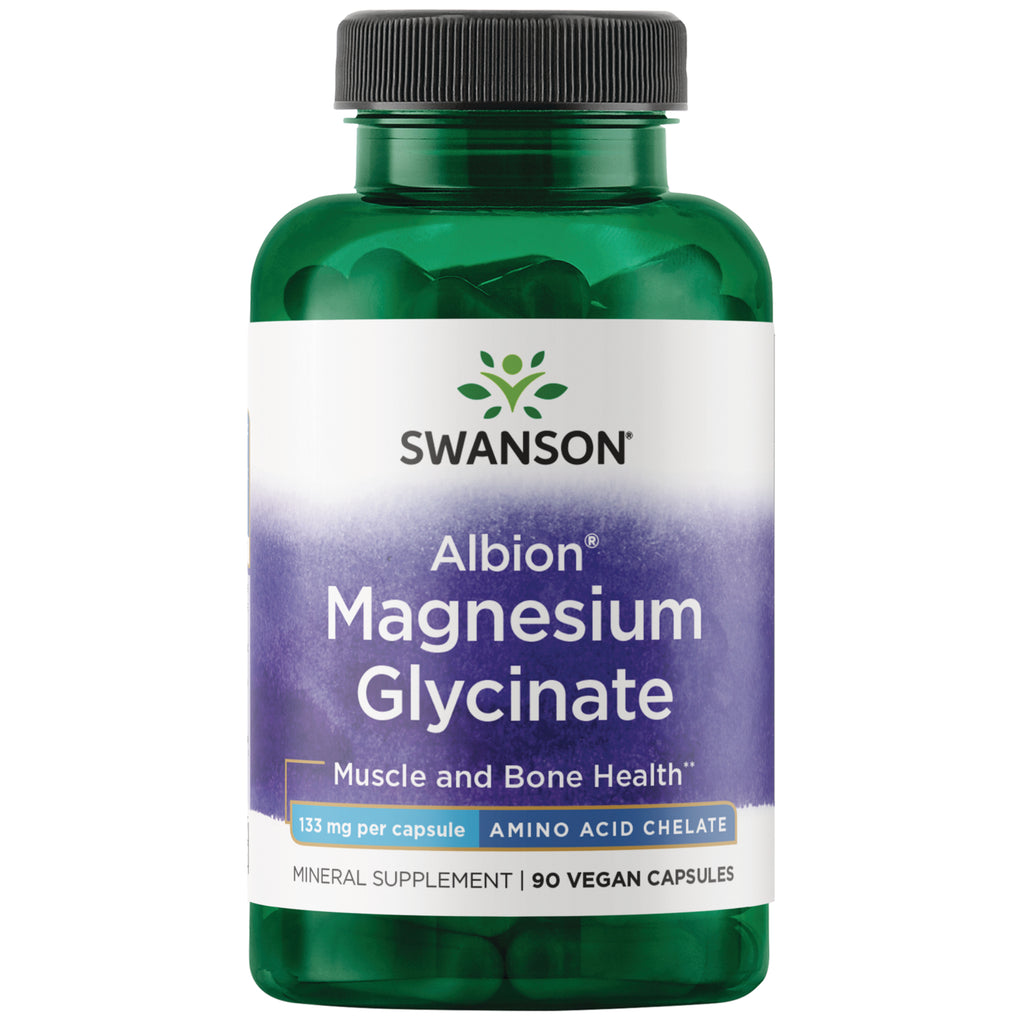 SWU073 | Four green bottles of SWANSON Albion Magnesium Glycinate supplement, 90 vegan capsules each || SWU073 | Three Swanson Albion Magnesium Glycinate bottles with front label showing 90 vegan capsules || SWU073 | Two green Swanson Albion Magnesium Glycinate bottles, front label showing 133 mg per capsule and 90 vegan capsules - Thumbnail