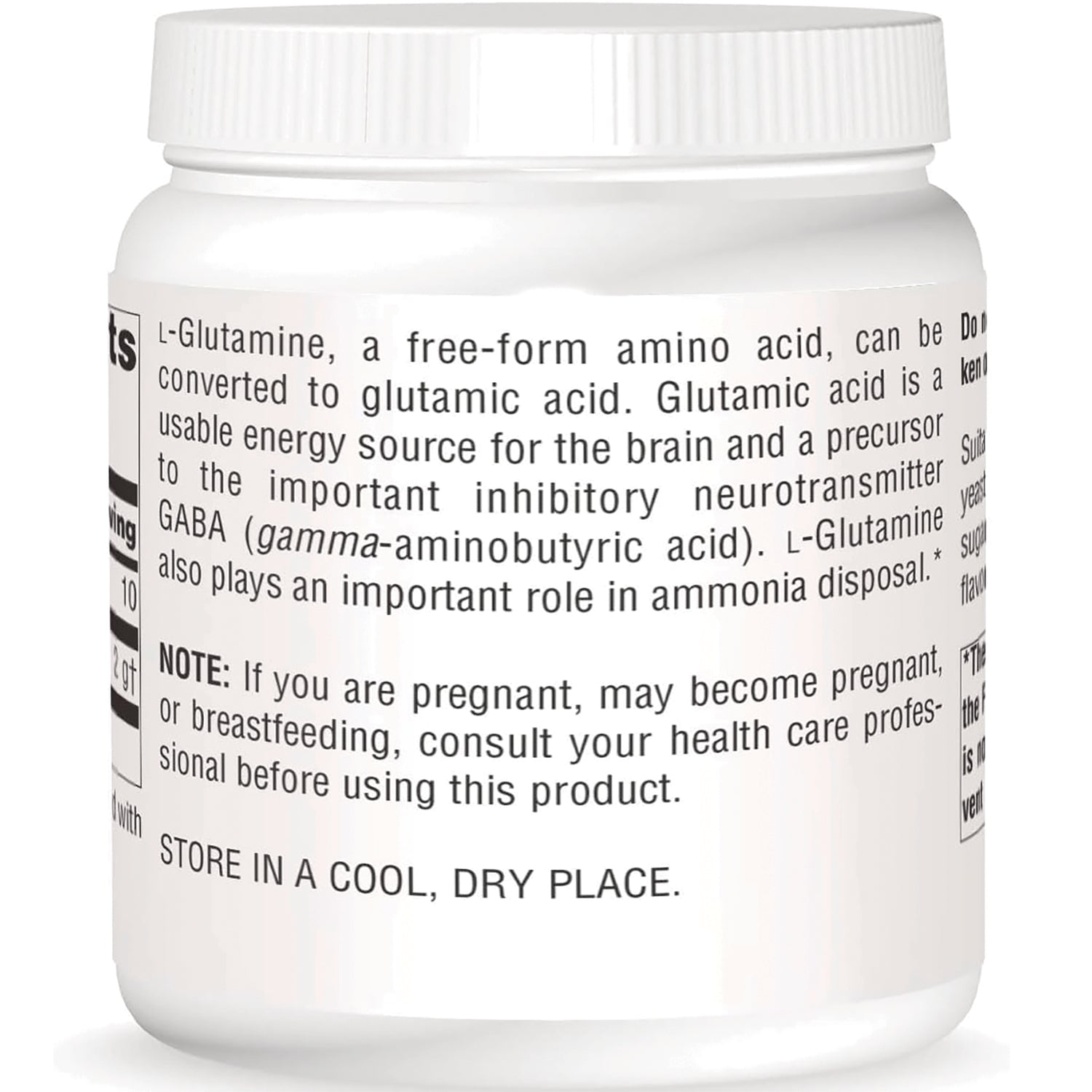 SN532 | Supplement bottle back label with L-Glutamine description, pregnancy warning, and STORE IN A COOL, DRY PLACE