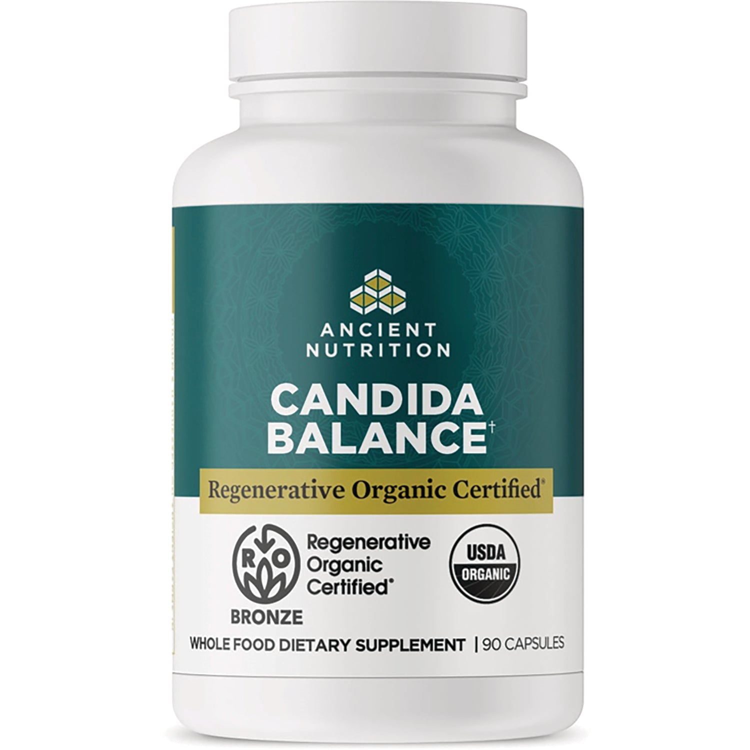 ATN121 | Ancient Nutrition Candida Balance white bottle with teal label, Regenerative Organic Certified, 90 capsules