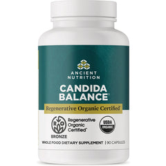 ATN121 | Ancient Nutrition Candida Balance white bottle with teal label, Regenerative Organic Certified, 90 capsules