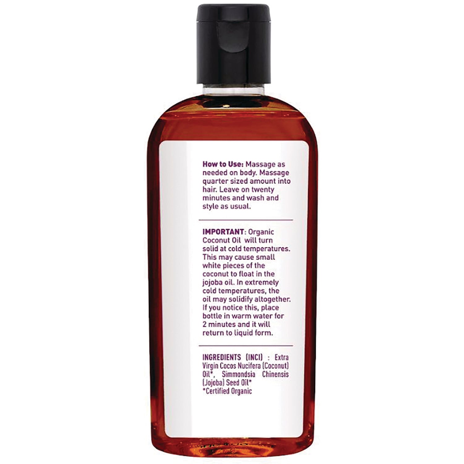 Bottle back label showing usage instructions, important storage note, and ingredients list including coconut and jojoba oil