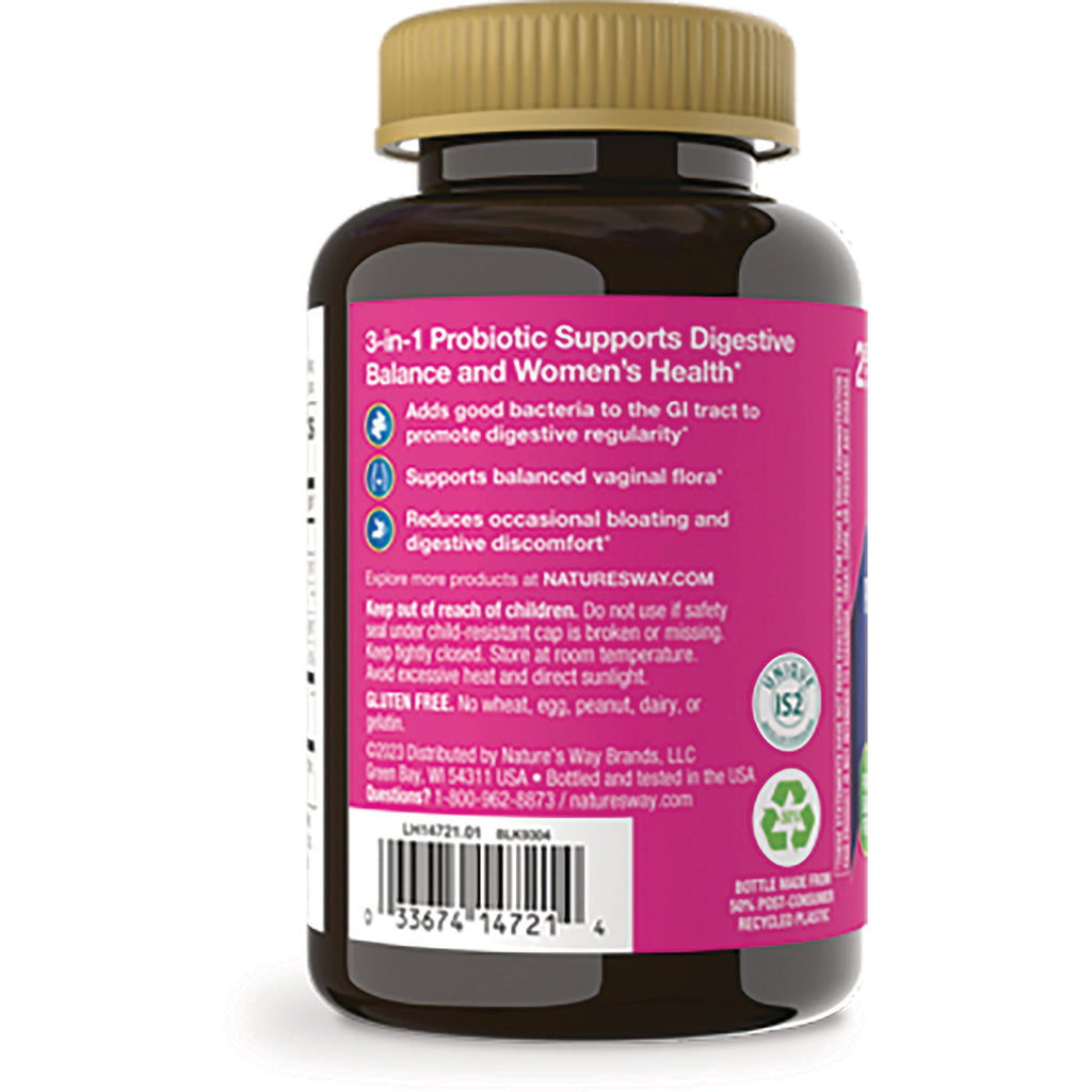 NW1057 | Back of brown supplement bottle with pink label showing probiotic benefits, warnings, and barcode - Thumbnail