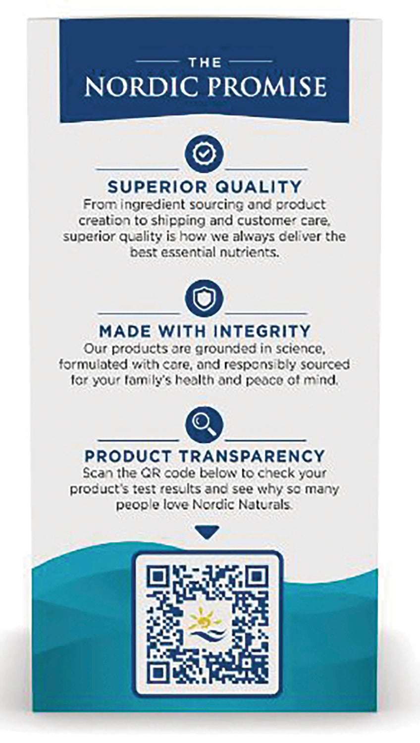 NRN007 | Back panel of Nordic Naturals box titled The Nordic Promise with quality statements and QR code