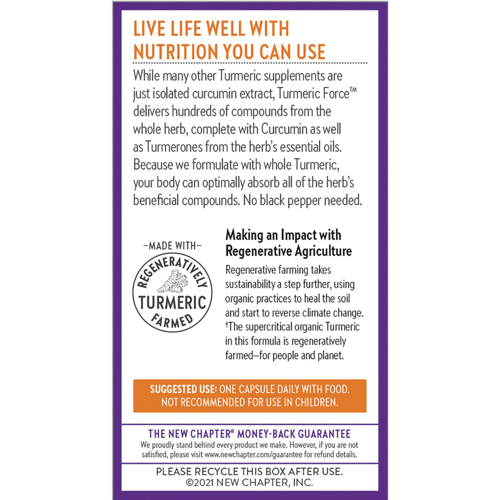 NWC260 | Back panel describing turmeric supplement benefits, regenerative farming seal, and suggested use one capsule daily with food - Thumbnail