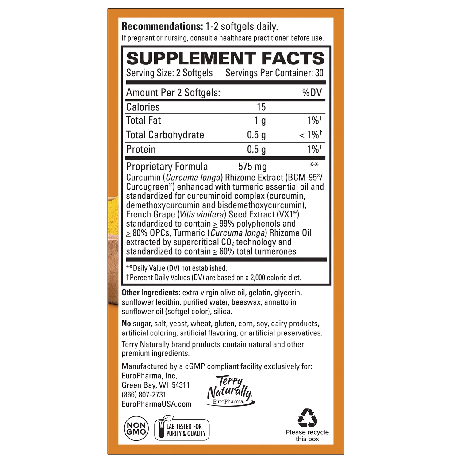 EUR032 | Back label showing Supplement Facts panel, serving size, proprietary formula details and manufacturer information