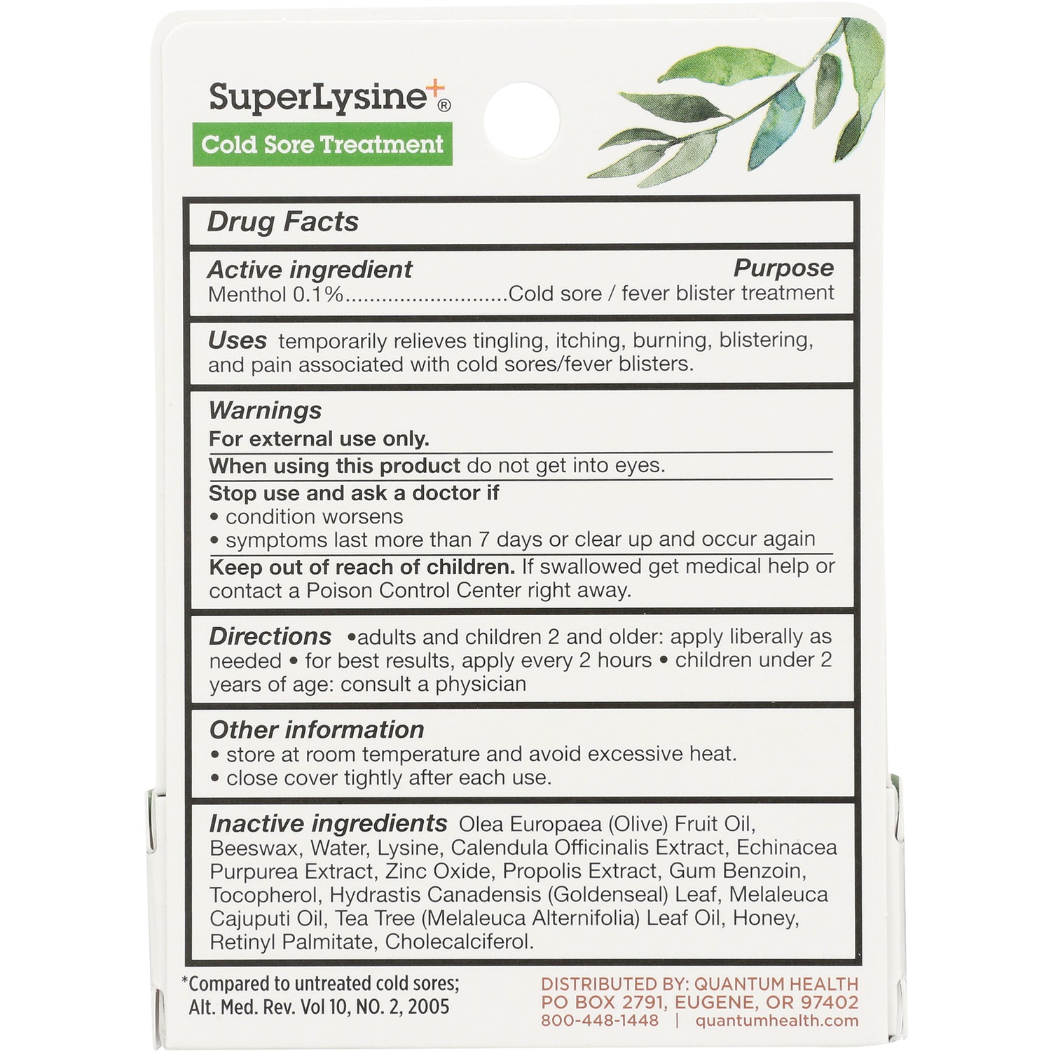 QU032 | Back panel showing Drug Facts for SuperLysine Cold Sore Treatment, active ingredient Menthol 0.1% and warnings