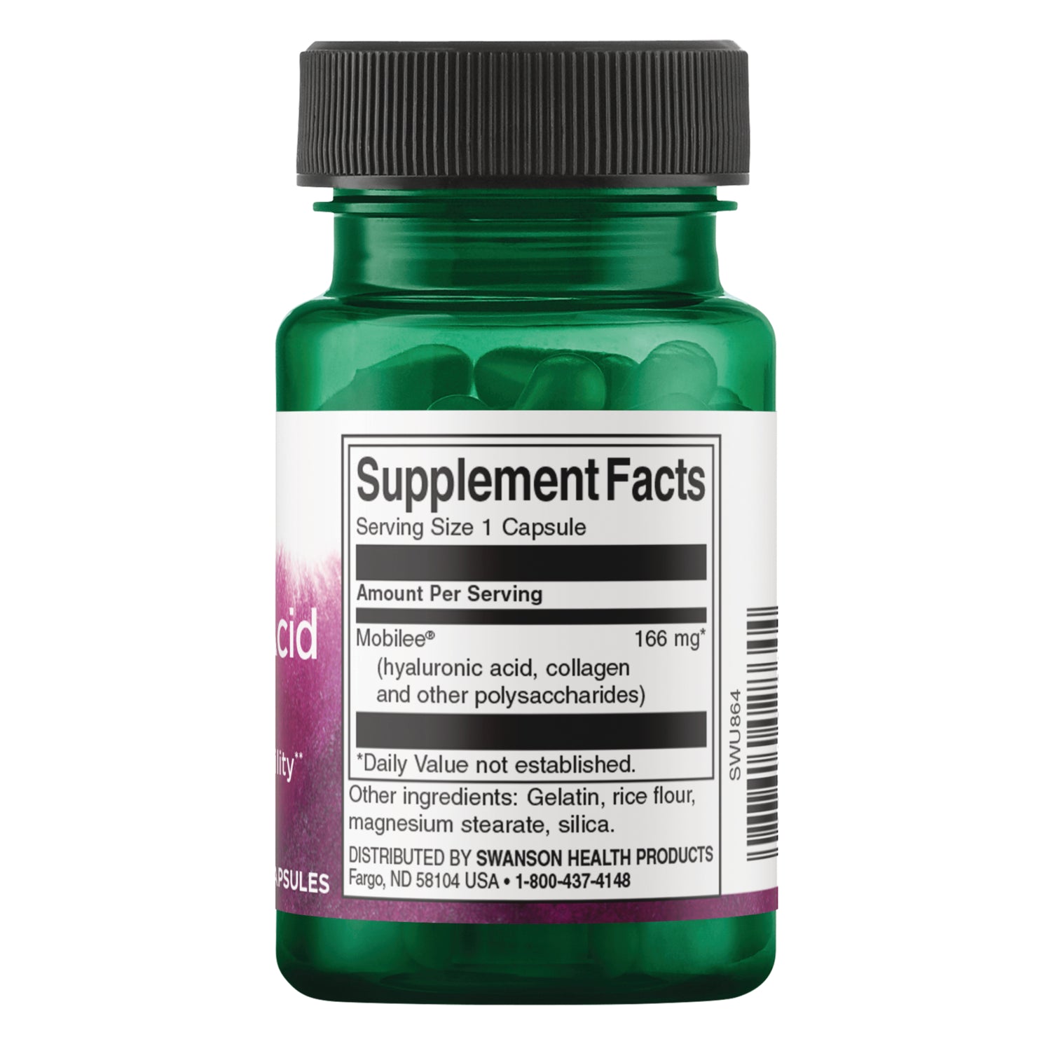 SWU864 | Back label with Supplement Facts panel, Serving Size 1 capsule, Mobilee 166 mg, other ingredients and distributor info