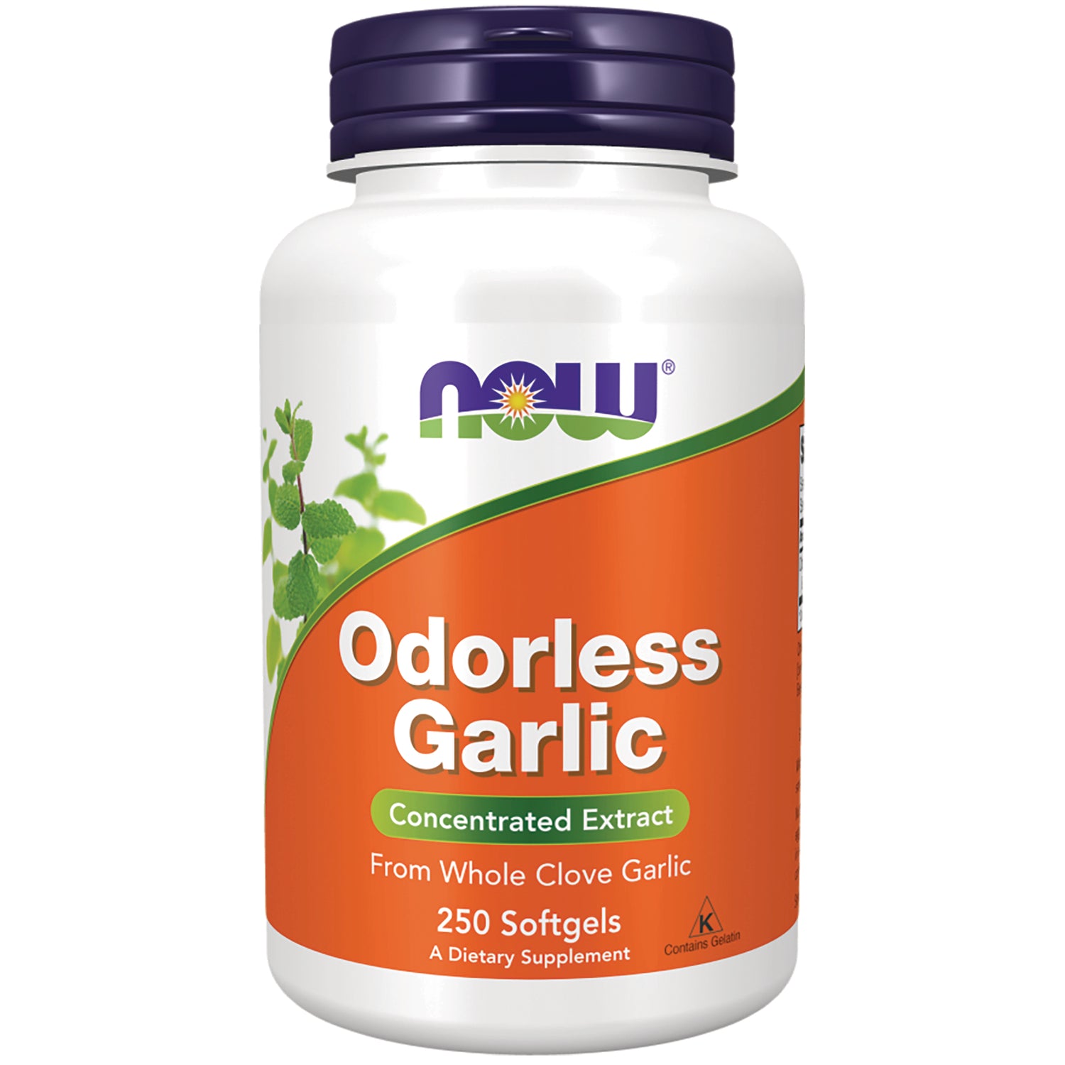 NWF1369 | NOW Odorless Garlic concentrated extract white bottle with orange label, 250 softgels