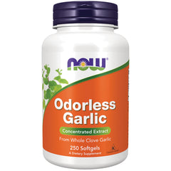 NWF1369 | NOW Odorless Garlic concentrated extract white bottle with orange label, 250 softgels