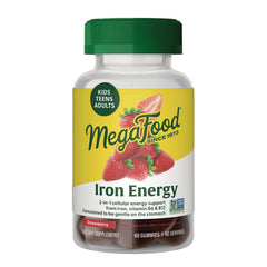 MGF131 | MegaFood Iron Energy strawberry gummy supplement bottle, front label with brand name and strawberries