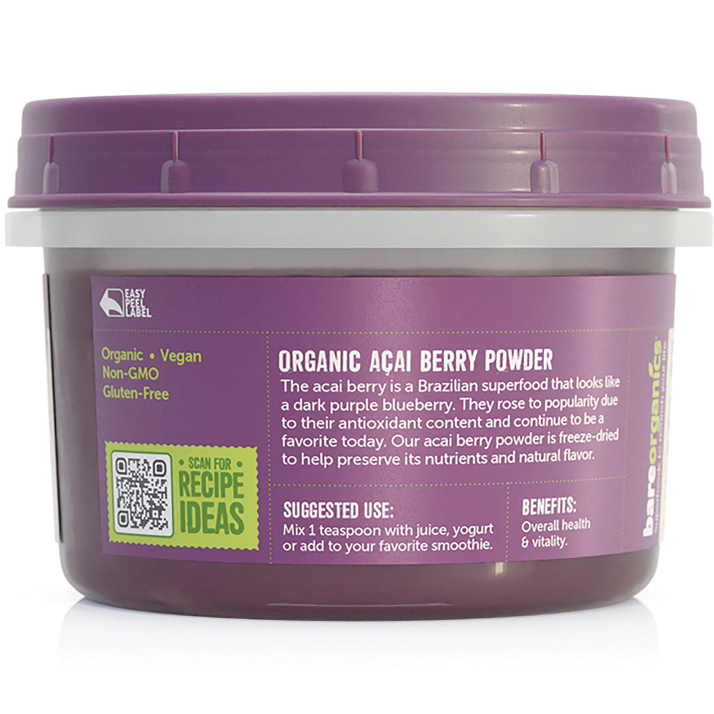 BOR009 | Back label of purple tub showing ORGANIC AAI BERRY POWDER text, suggested use, benefits, and QR code - Thumbnail