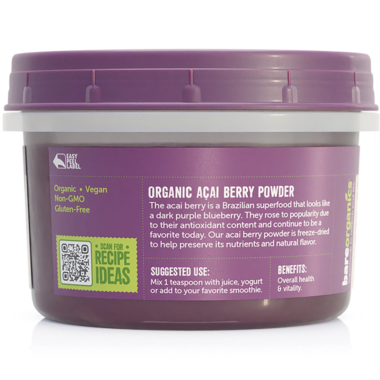 BOR009 | Back label of purple tub showing ORGANIC AAI BERRY POWDER text, suggested use, benefits, and QR code