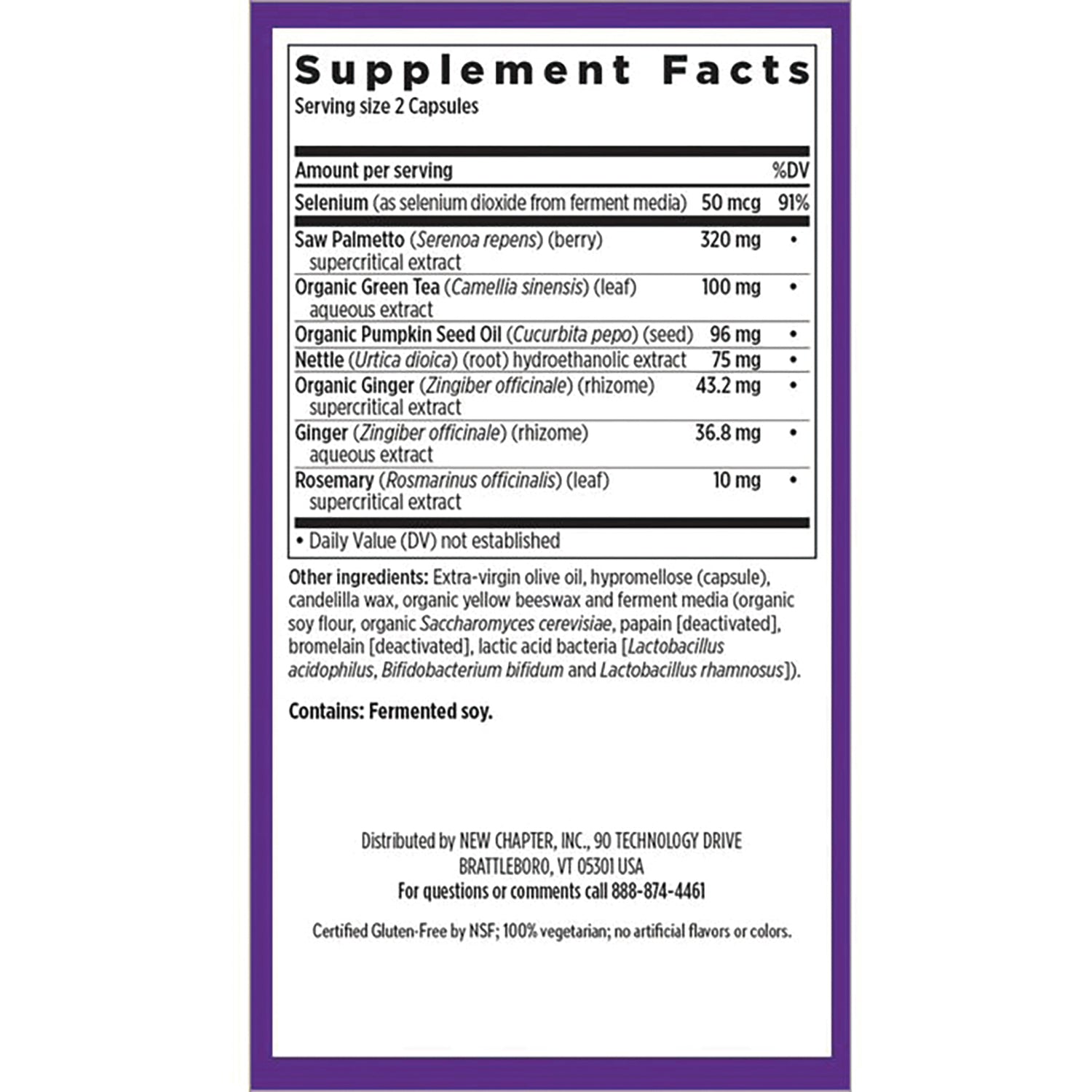 NWC271 | Supplement facts panel and ingredient list for capsules showing serving size, amounts per serving, and contains fermented soy