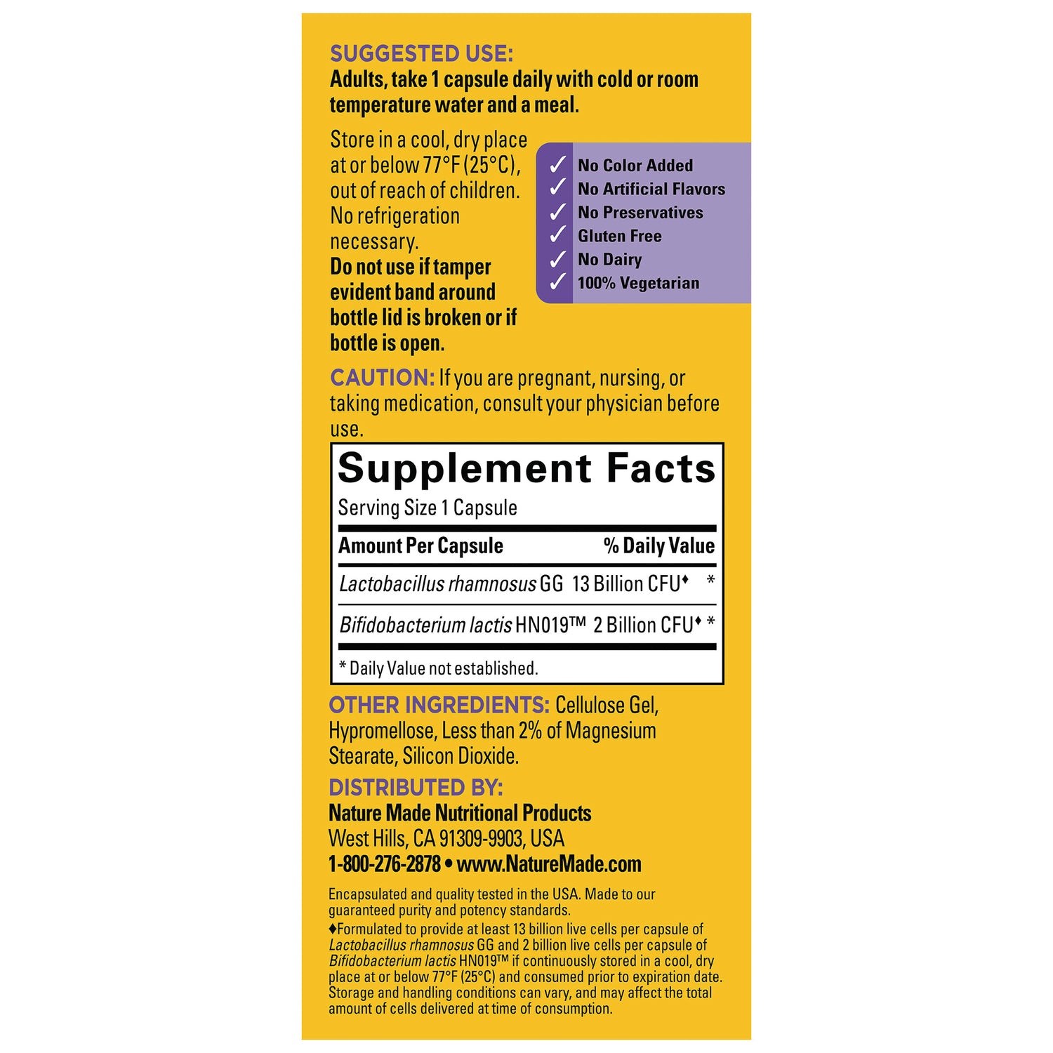 NTM188 | back label showing suggested use, caution and Supplement Facts for probiotic capsules