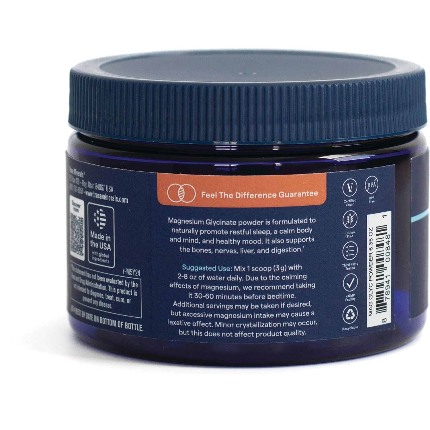 TM154 | Back label of magnesium glycinate powder jar with usage directions, icons, barcode, and Feel The Difference Guarantee