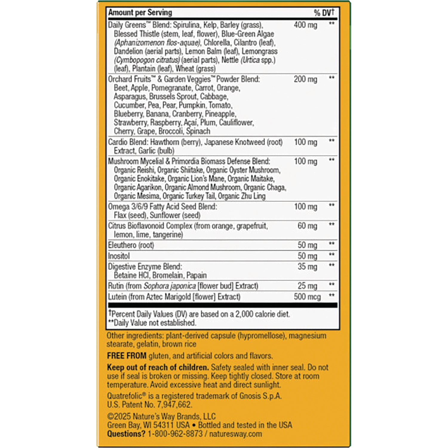 NW655 | supplement facts and ingredient panel on orange-yellow bottle back listing blends and amounts