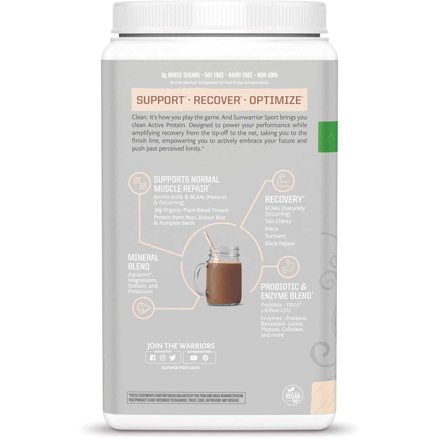 SNW044 | Back label infographic: SUPPORT  RECOVER  OPTIMIZE; muscle repair, mineral blend, recovery, probiotic and enzyme blend