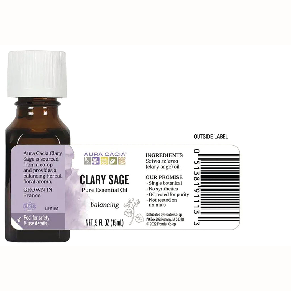 ARC031 | back label of Clary Sage essential oil bottle showing ingredients, promise text and barcode - Thumbnail