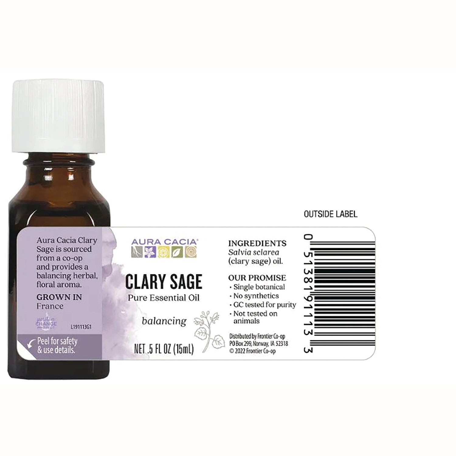 ARC031 | back label of Clary Sage essential oil bottle showing ingredients, promise text and barcode