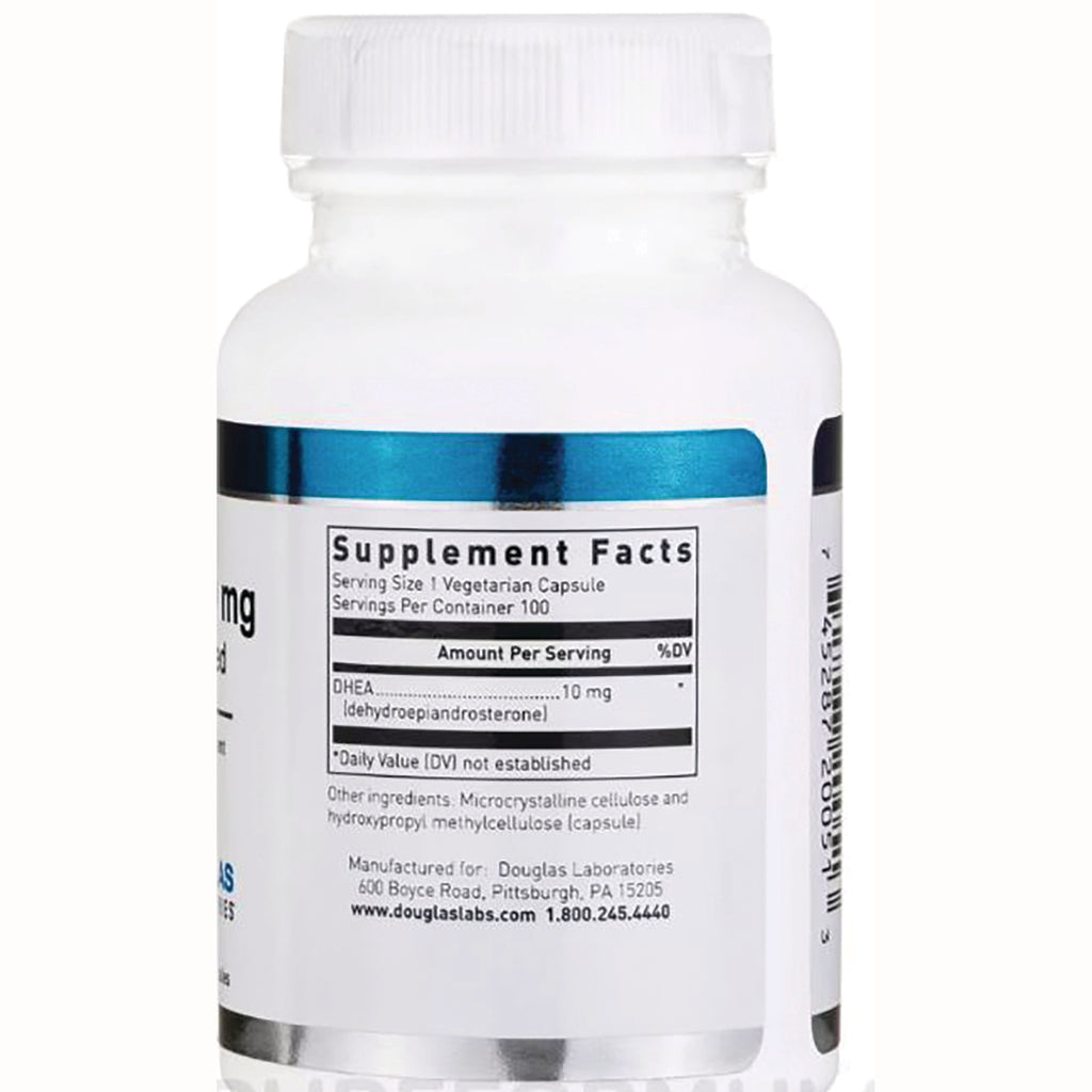 DGL020 | back of white supplement bottle showing Supplement Facts panel listing DHEA 10 mg and barcode - Thumbnail