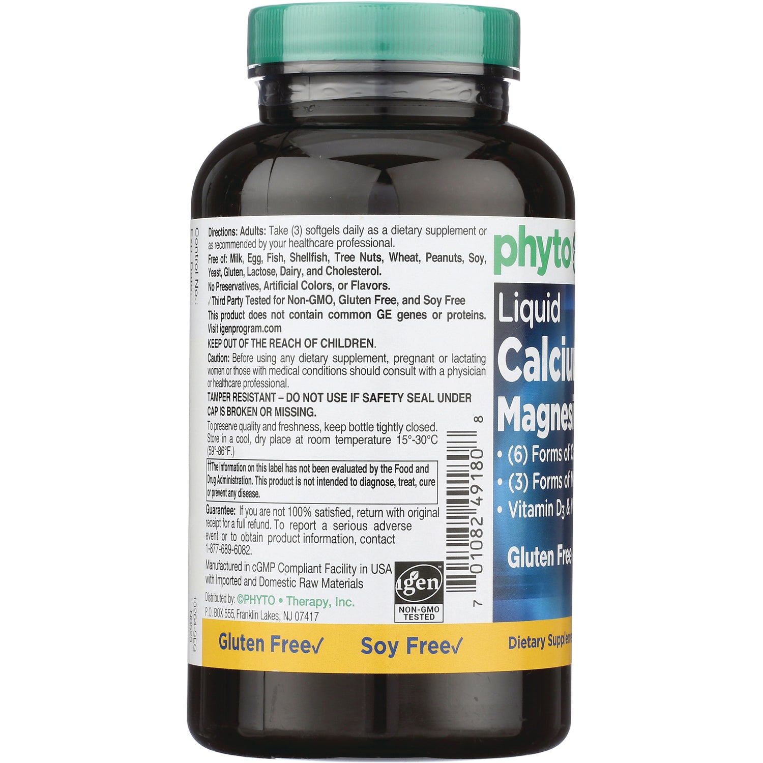 PHY003 | Back label of brown supplement bottle showing directions, warnings, barcode and Gluten Free Soy Free banner