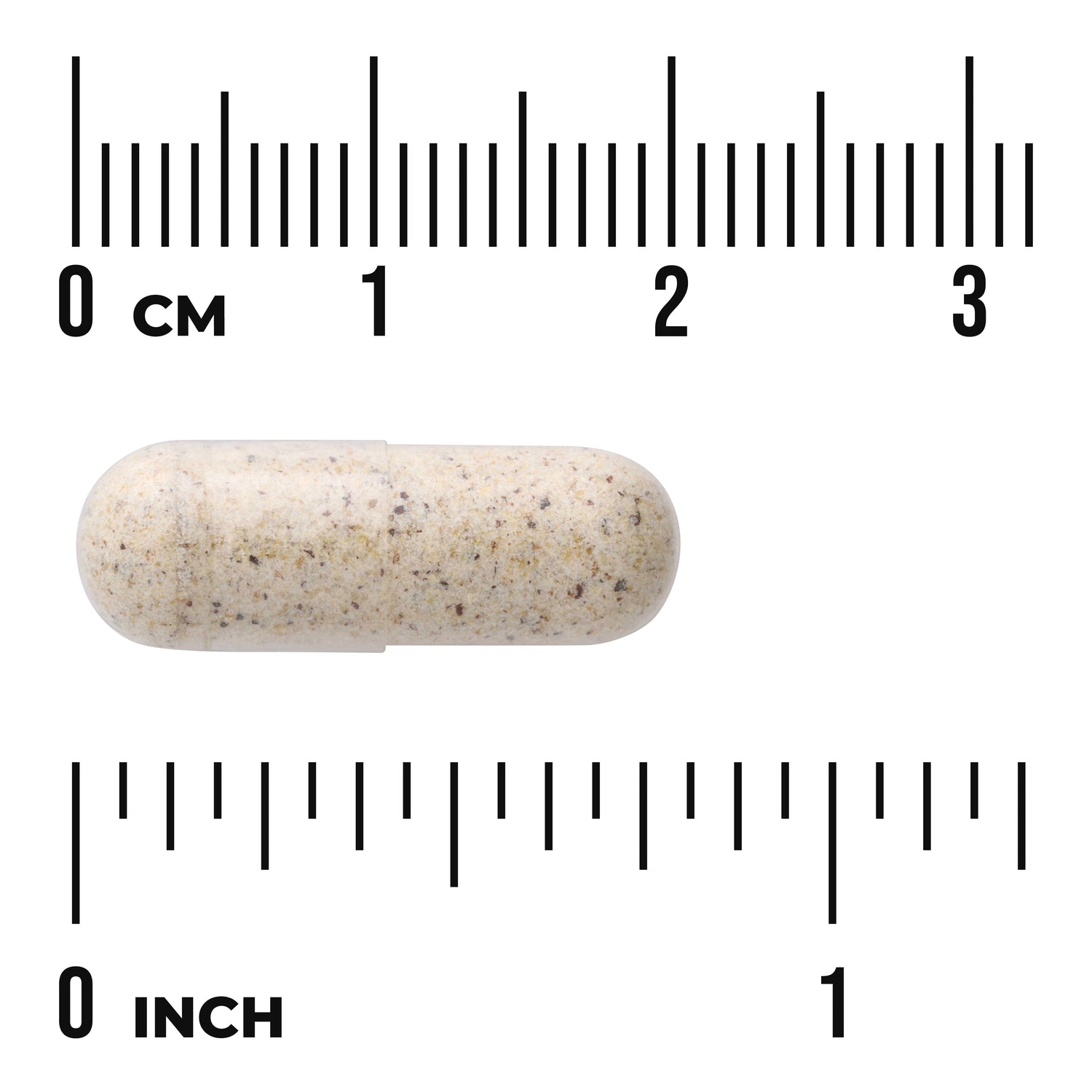 SWR048 | Speckled beige capsule on rulers marked cm and inch to illustrate size