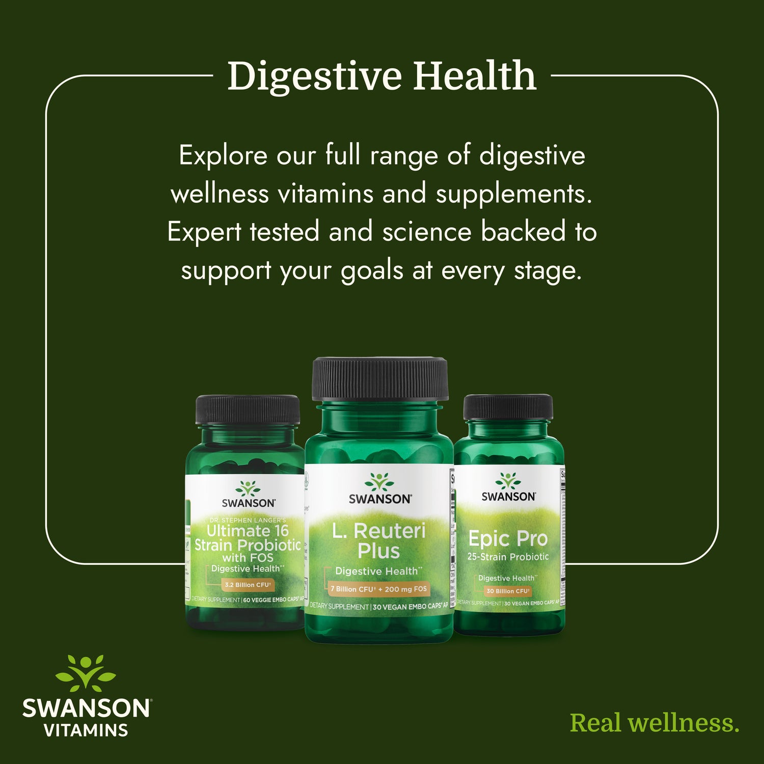SWA025 | Woman outdoors smiling beside Swanson L. Reuteri Plus bottle, with text about gut health and immune support