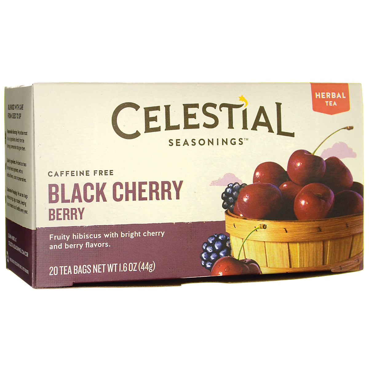 CEL006 | Front of Celestial Seasonings Black Cherry Berry herbal tea box with basket of cherries