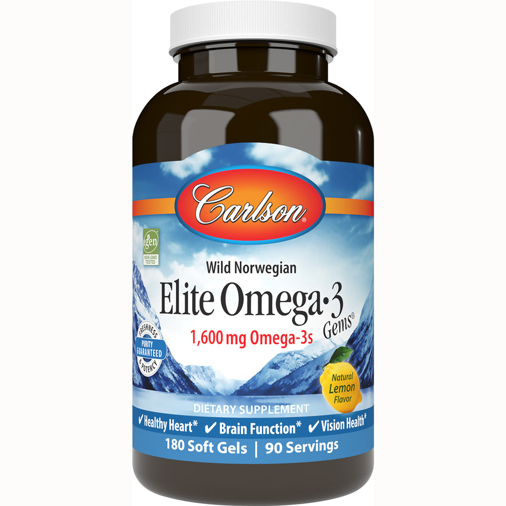 CSN114 | Carlson Elite Omega-3 supplement bottle, 1,600 mg Omega-3s, natural lemon flavor, 180 soft gels - Thumbnail